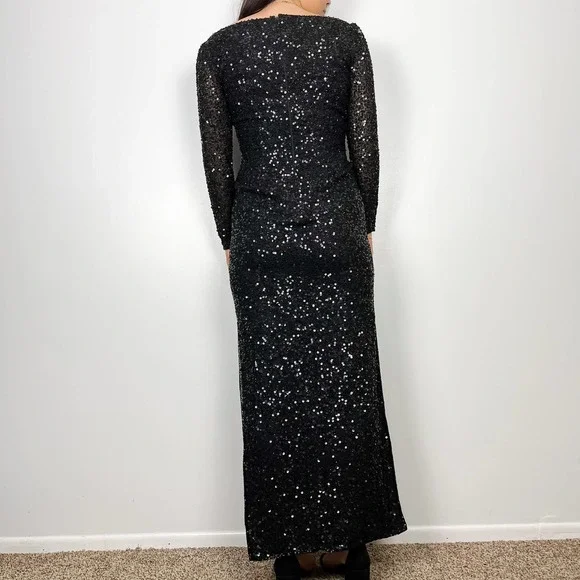 NWT Scala Black Silk Fully Sequin Long Sleeve Maxi Dress Side Slits Size Small - Picture 8 of 14